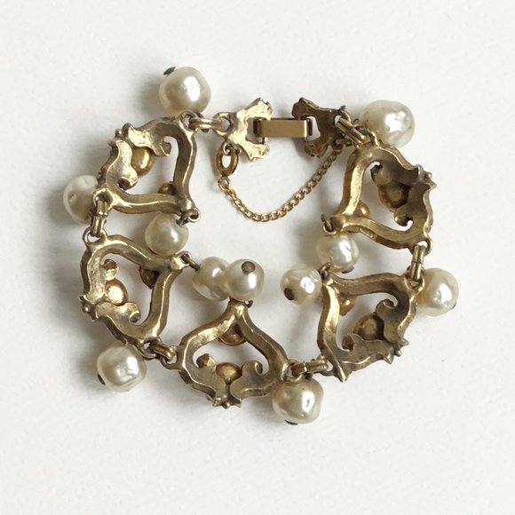 Vintage Faux Baroque Pearl Dangle & Prong Set AB Rhinestone Link Bracelet - Picture 4 of 6